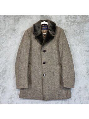 Pendleton Coat Mens 40 Brown Wool Herringbone Tweed Fur Trim Lined Overcoat VTG